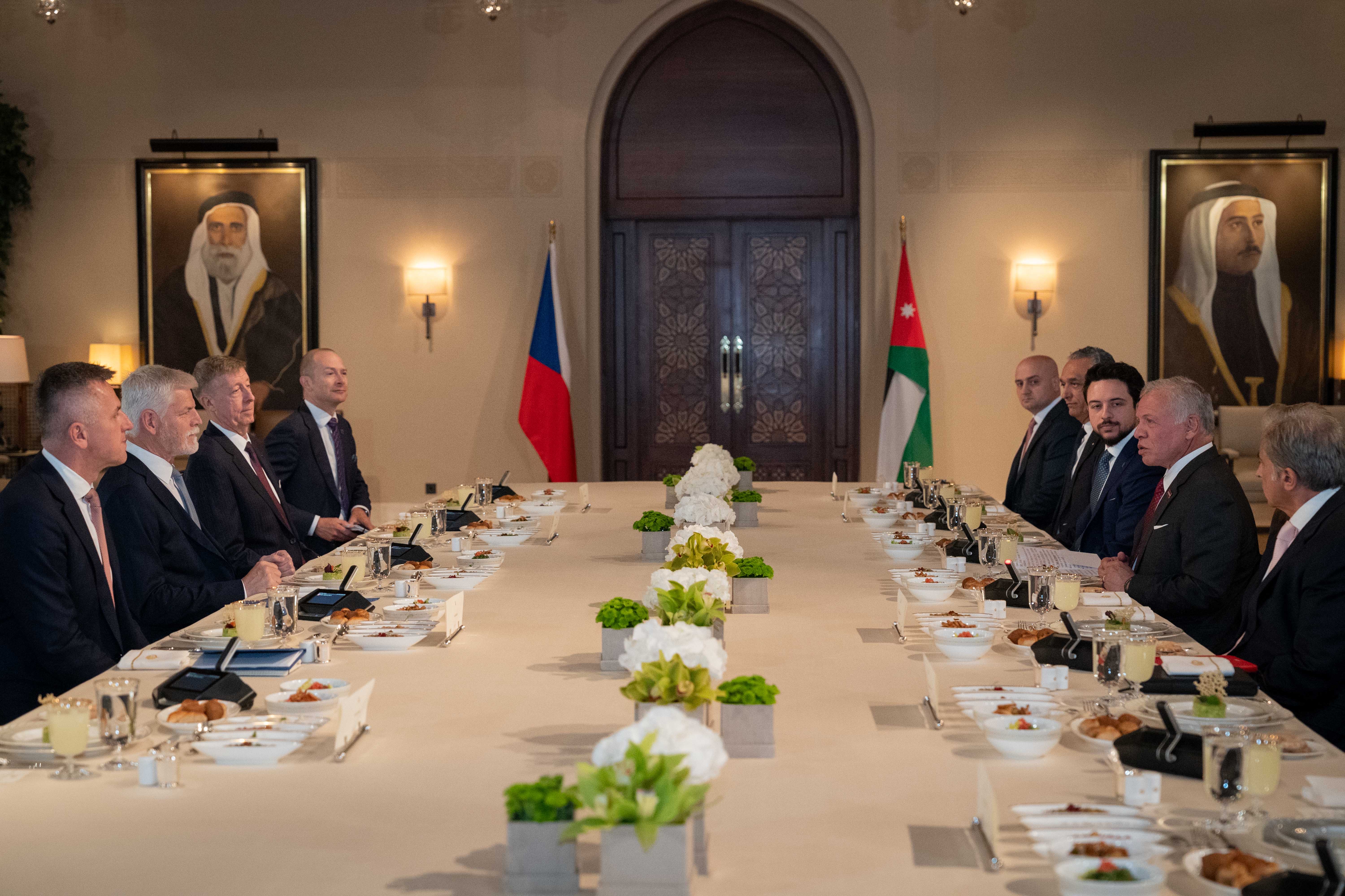 His Majesty King Abdullah, accompanied by HRH Crown Prince Hussein, meets Czech President Petr Pavel and discusses the deep-rooted ties between the two countries and the dangerous situation in Gaza, stressing that there can be no peace nor stability without a just and comprehensive resolution of the Palestinian issue  (Photo courtesy of Royal Court)