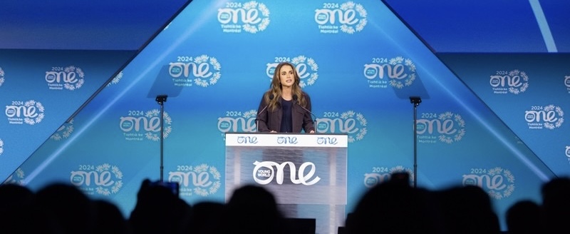 Her Majesty Queen Rania speaks on Saturday at the annual One Young World Summit in Montreal, where she urges the world’s youth to take heed of the dangerous precedent being set by Israel’s actions in the Occupied Palestinian Territories  (Photo courtesy of Her Majesty Office)