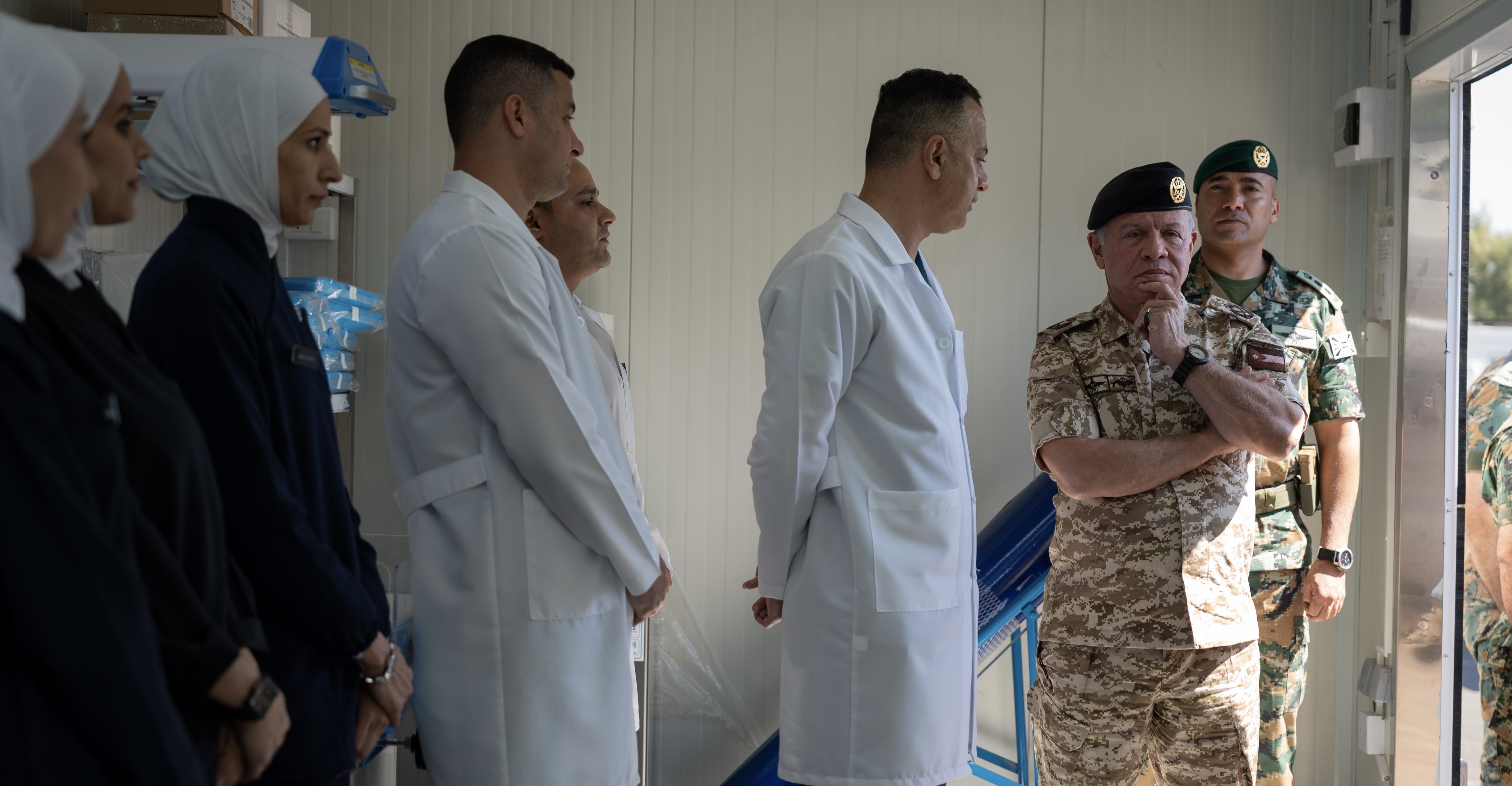 His Majesty King Abdullah, the Supreme Commander of the Jordan Armed Forces-Arab Army, follows up on preparing the Jordanian field hospital for obstetrics and neonatal care, which will be dispatched to Gaza soon  (Photo courtesy of Royal Court)