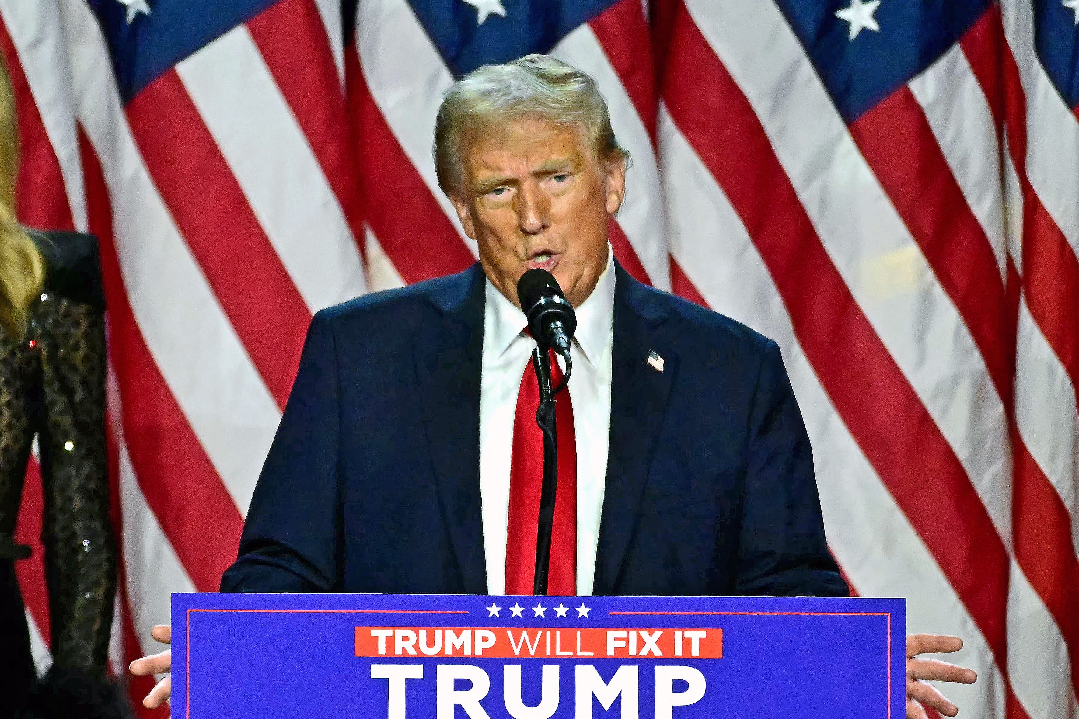 Former US President and Republican presidential candidate Donald Trump speaks during an election night event at the West Palm Beach Convention Center in West Palm Beach, Florida, on November 6, 2024 (AFP photo)