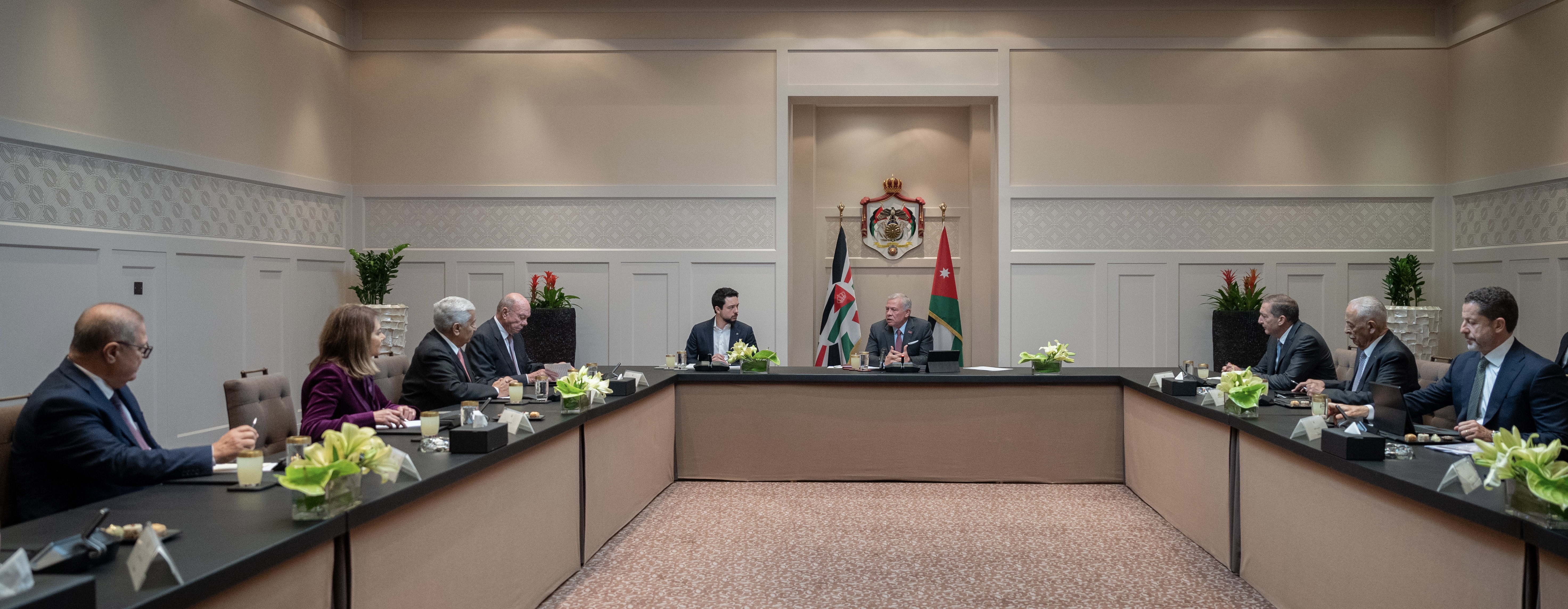 His Majesty King Abdullah on Sunday affirms that Jordan is moving ahead with modernisation despite regional challenges, during a meeting with the members of the Senate’s permanent office attended by HRH Crown Prince Hussein at Al Husseiniya Palace (Photo courtesy of Royal Court)