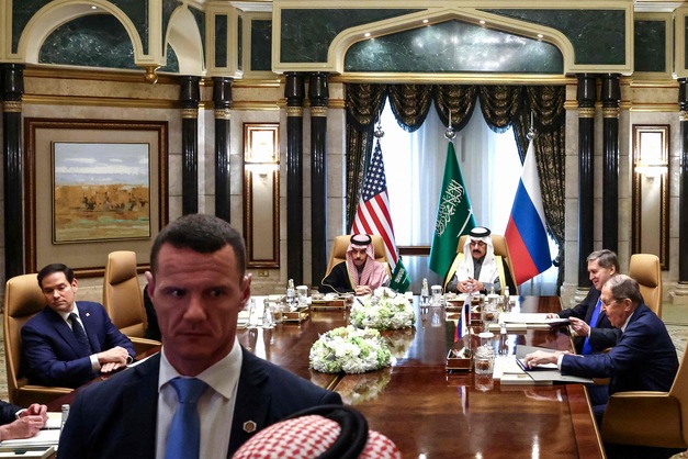 US Middle East envoy Steve Witkoff, Secretary of State Marco Rubio, National Security Advisor Mike Waltz, Saudi Arabia's Foreign Minister Prince Faisal bin Farhan al-Saud, National Security Advisor Mosaad bin Mohammad al-Aiban, the Russian president's foreign policy advisor Yuri Ushakov, and Russia's Foreign Minister Sergei Lavrov attend a meeting together at Riyadh's Diriyah Palace on February 18, 2025