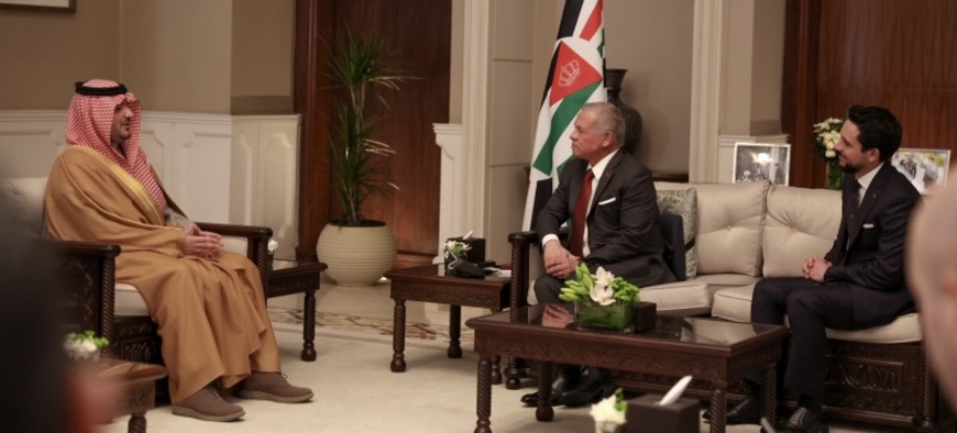 His Majesty King Abdullah II on Wednesday received Saudi Interior Minister Prince Abdulaziz bin Saud bin Nayef bin Abdulaziz at Basman Palace (Photo courtesy of Royal Court)  