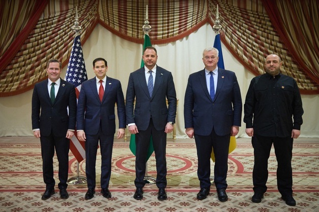 CAPTION:  This handout photograph taken and released by Ukrainian Presidential Press Service on March 11, 2025, shows (From L) US National Security Advisor Mike Waltz, US Secretary of State Marco Rubio, Ukrainian Head of Presidential Office Andriy Yermak, Ukraine's Foreign Affairs Minister Andrii Sybiha and Ukraine's Minister of Defence Rustem Umerov as they pose for a photograph after attending the Ukrainian and US delegations meeting in Jeddah (AFP photo)