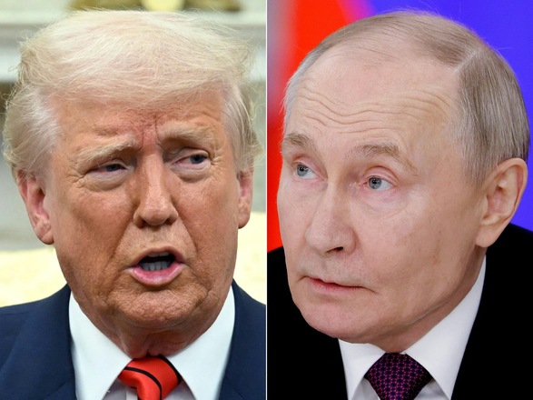 This combination of pictures created on March 17, 2025 shows, L-R, US President Donald Trump in the Oval Office of the White House in Washington, DC, on March 13, 2025 and Russia's President Vladimir Putin at the Kremlin in Moscow on March 13, 2025