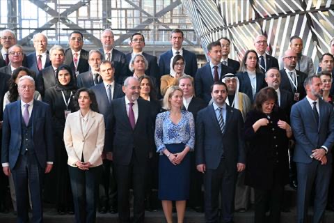 EU High Representative and Vice-President for Foreign Affairs and Security Policy Kaja Kallas (C), Syria's interim Foreign Minister Asaad al-Shaibani (C-R), Jordan's Foreign Minister Ayman Safadi (C-L) and representatives pose for a family picture on the sidelines of the Brussels IX Conference Standing with Syria: meeting the needs for a successful transition, at The Europa Building in Brussels on March 17, 2025  (AFP photo)