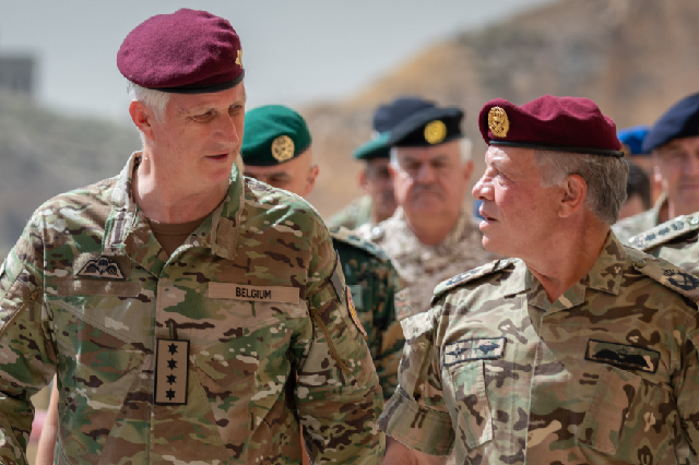 His Majesty King Abdullah, the Supreme Commander of the Jordan Armed Forces-Arab Army, and King Philippe of the Belgians attend a joint military exercise at the King Abdullah II Special Operations Training Centre on Wednesday (Photo courtesy of Royal Court)  