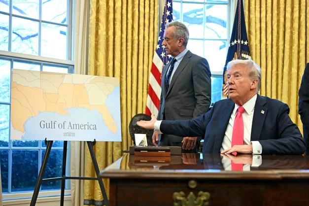 US President Donald Trump points a map reading 'Gulf of America' as he speaks to the press after signing an Executive Order, alongside US Secretary of Health and Human Services Robert F. Kennedy Jr. (left), at the Oval Office of the White House in Washington, DC on February 25 (AFP photo)