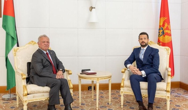 His Majesty King Abdullah meets on Friday with Montenegro President Jakov Milatović in the coastal city of Tivat on Friday. The two leaders discuss bilateral relations and ways to expand cooperation in the fields of health, technology, energy, trade, tourism, agriculture, transportation, investment, and digital economy  (Photo courtesy of Royal Court)