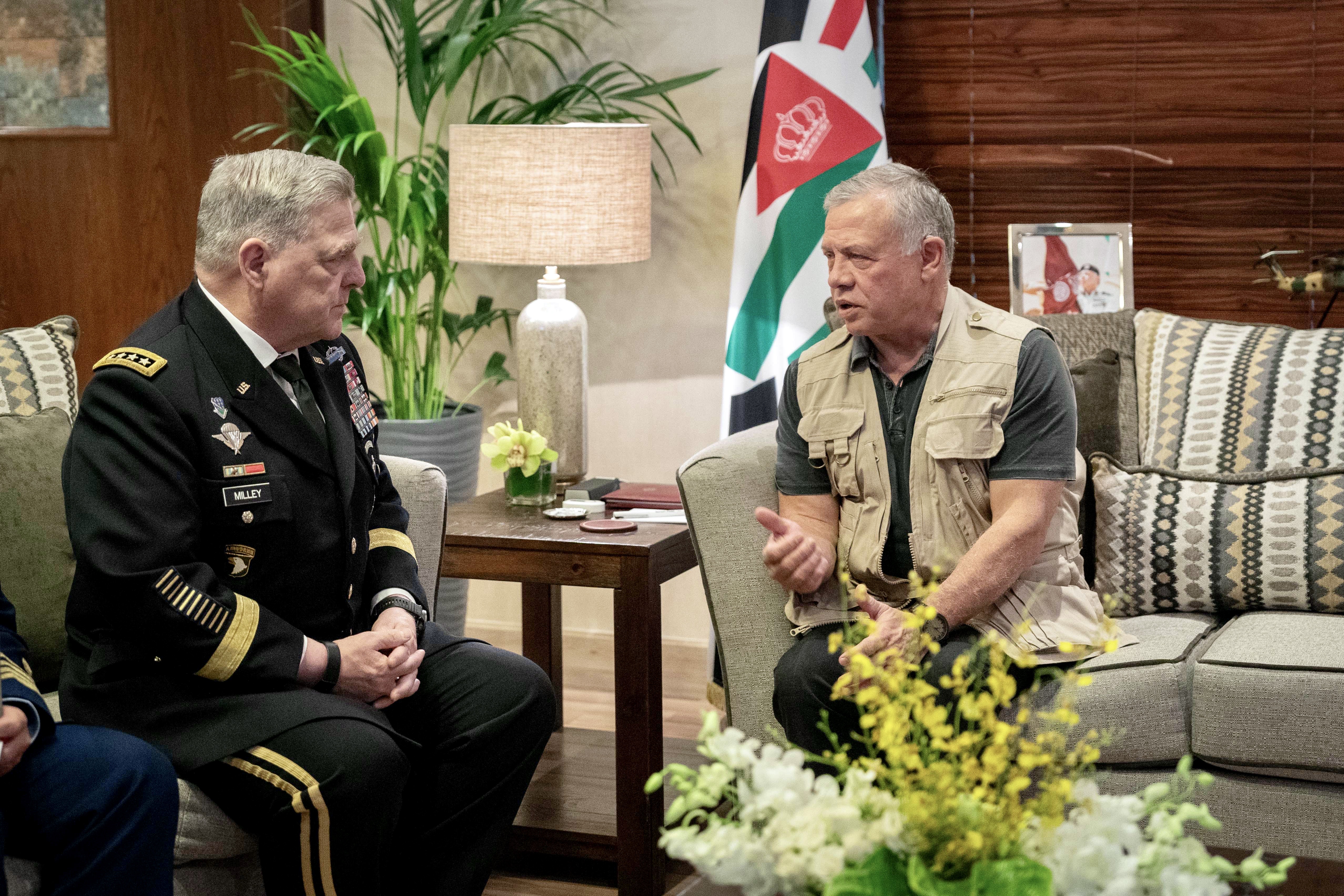 His Majesty King Abdullah receives US Chairman of the Joint Chiefs of Staff Gen. Mark Milley on Wednesday (Photo courtesy of Royal Court)
