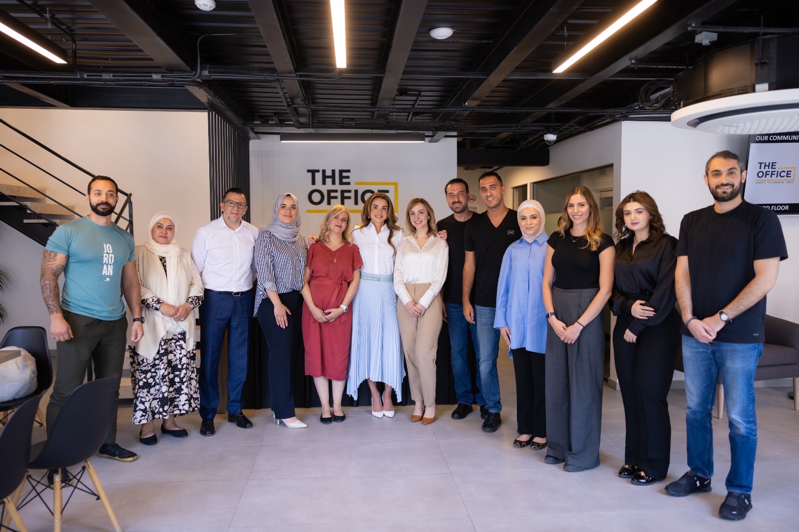 Queen Rania Al Abdullah meets with a group of young Jordanian entrepreneurs and startup owners on at The Office — a business centre