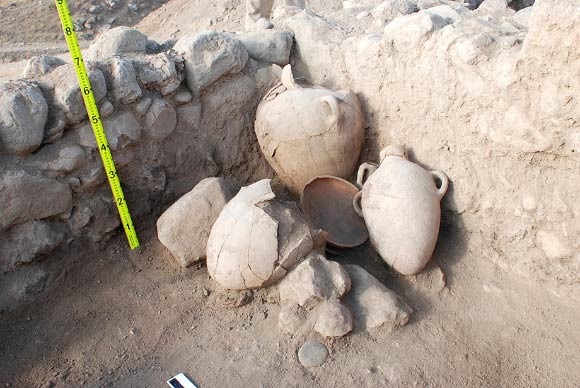 Pottery found in the 3,100-year-old building at Tell Abu Al Kharaz  (Photo courtesy of  University of Gothenburg)