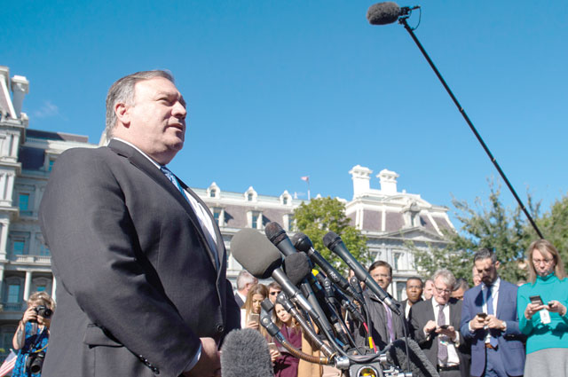 US Secretary of State Mike Pompeo speaks to the press about his trip to Saudi Arabia after meeting with US President Donald Trump in the West Wing of the White House in Washington, DC, on Thursday (AFP photo)
