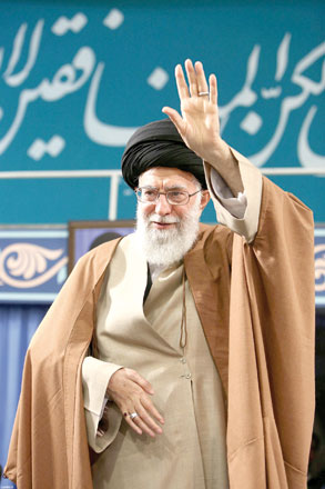 Iran’s Supreme Leader Ayatollah Ali Khamenei waves to people as he arrives to deliver a speech in Iran on Tuesday (Reuters photo)