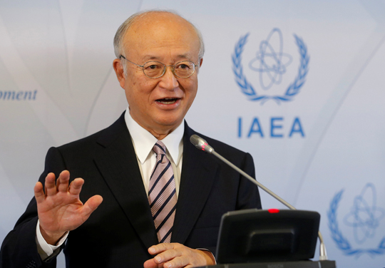 International Atomic Energy Agency (IAEA) Director General Yukiya Amano addresses a news conference during a board of governors meeting at the IAEA headquarters in Vienna, Austria, on Monday (Reuters photo)