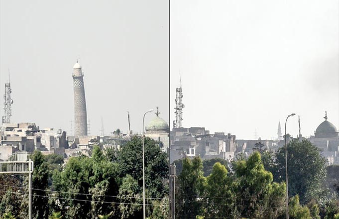 This combination of photos created on Thursday shows (left) a photo taken on Tuesday, of Mosul’s leaning Al Hadba minaret and (right) a photo taken on Thursday of Mosul’s skyline missing its trademark minaret the day after it was blown up by Daesh group fighters (AFP photo)