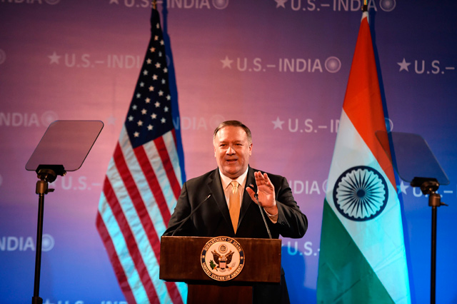 US Secretary of State Mike Pompeo gestures as he speaks during a speech event on India Policy organised by US embassy in New Delhi on Wednesday  (AFP photo)