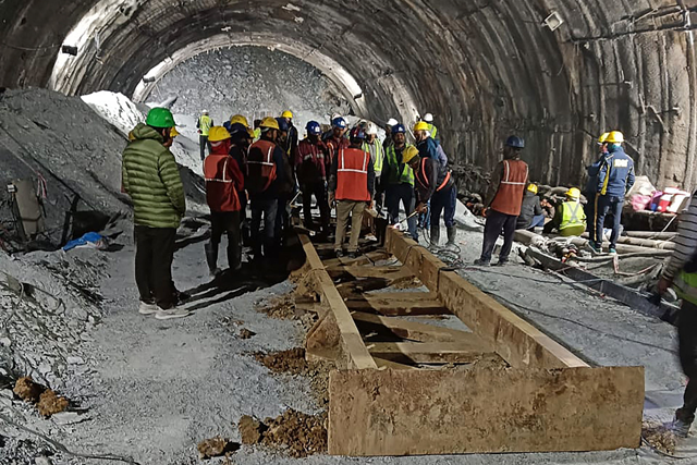 This handout photo taken on Monday, and released by the State Disaster Response Force (SDRF) shows rescue workers at the site after a tunnel collapsed in the Uttarkashi district of India’s Uttarakhand state (AFP photo)