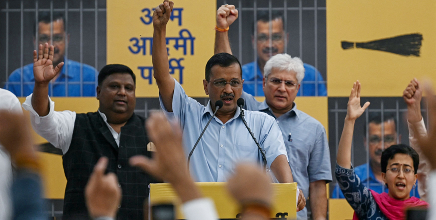 Arvind Kejriwal (centre), Chief Minister of the capital Delhi and leader of the Aam Aadmi Party, addresses his supporters and party workers at the AAP’s headquarters before returning to prison in New Delhi on Sunday (AFP photo)