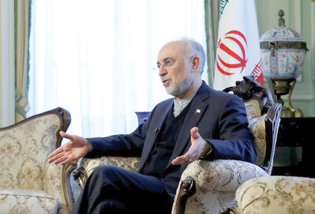 Iran's nuclear chief Ali Akbar Salehi gestures as he speaks to Reuters during an interview in Brussels, Belgium, on Tuesday (Reuters photo)