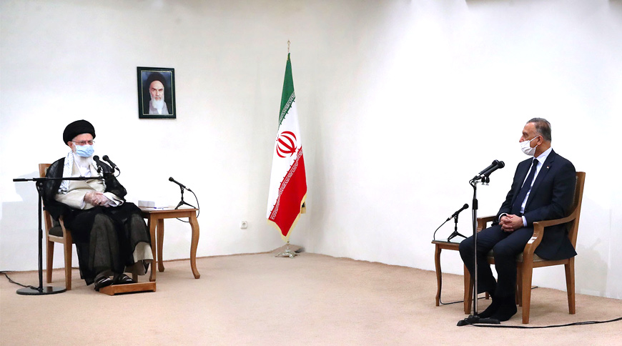 This handout photo provided by the office of Iran's Supreme Leader Ayatollah Ali Khamenei on Tuesday shows him (left) meeting with Iraqi Prime Minister Mustafa Al Kadhemi in the capital Tehran (AFP photo)