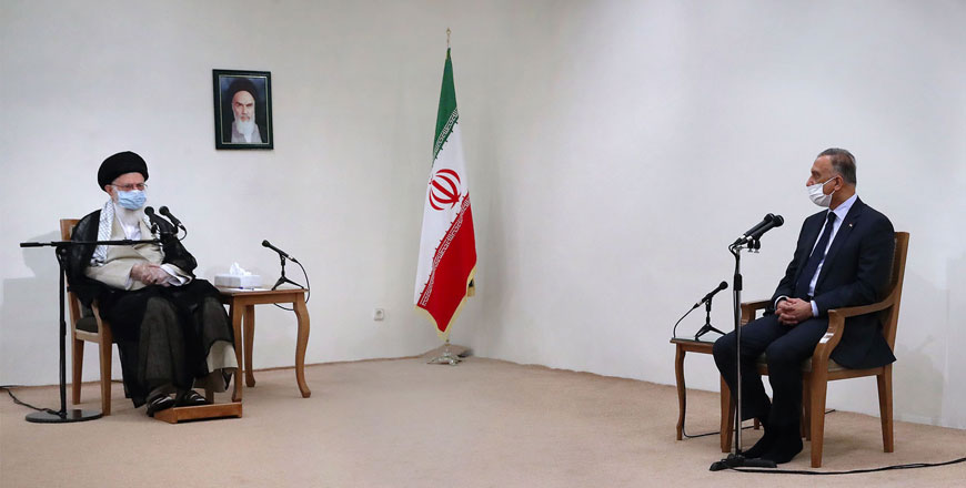 This handout photo provided by the office of Iran's Supreme Leader Ayatollah Ali Khamenei on Tuesday shows him (left) meeting with Iraqi Prime Minister Mustafa Al Kadhemi in the capital Tehran (AFP photo)
