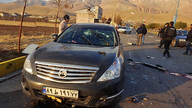 This handout photo made available by Iran state TV (IRIB) on Friday, shows the damaged car of Iranian nuclear scientist Mohsen Fakhrizadeh after it was attacked near the capital Tehran (AFP photo)