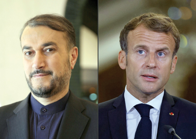 This combination of photo shows left to right: Iran’s then-special parliamentary aide on international affairs Amir-Abdollahian during the Rafidain Centre for Dialogue Forum in Baghdad on February 4, 2019; and French President Emmanuel Macron during a diplomatic meeting in Baghdad on Saturday (AFP photo)