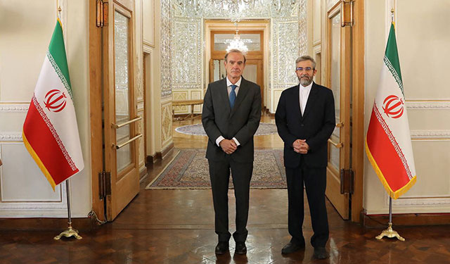 This handout photo provided by the Iranian foreign ministry shows Iranian Deputy Foreign Minister Ali Bagheri (right) posing for a photo with European External Action Service (EEAS) deputy secretary general, Enrique Mora, in Tehran on Thursday (AFP photo)