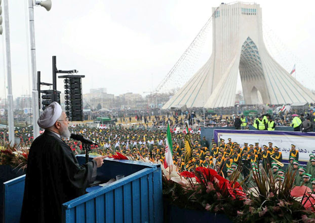 Iran's President Hassan Rouhani speaks during a ceremony to mark the 40th anniversary of the Islamic Revolution in Tehran, Iran, on Monday (Reuters photo)