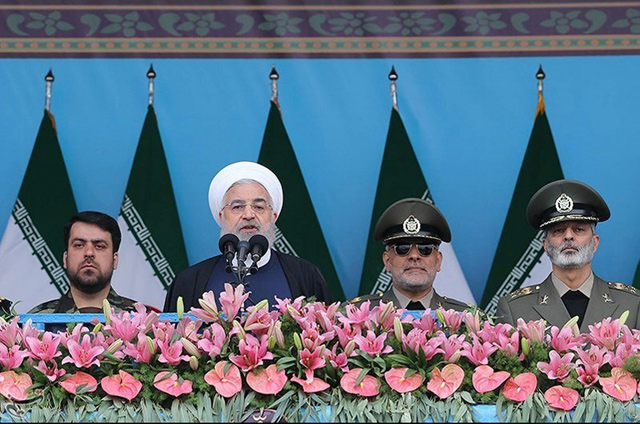 Iranian President Hassan Rouhani delivers a speech during the ceremony of the National Army Day Parade in Tehran, Iran, on Thursday (Reuters photo)