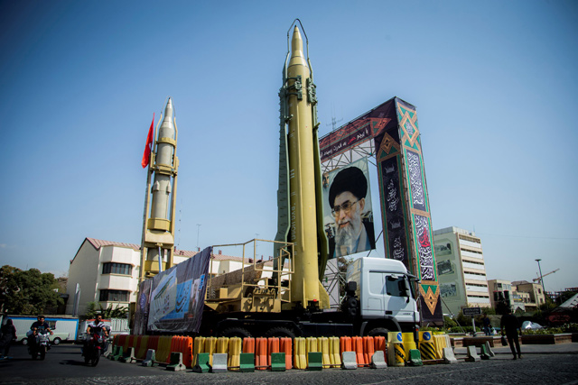 A display featuring missiles and a portrait of Iranian Supreme Leader Ali Khamenei is seen at Baharestan Square in Tehran, Iran, on November 27, 2017  (Reuters photo)