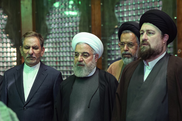 This handout photo provided by the Iranian presidency on Sunday shows President Hassan Rouhani (centre) visiting the mausoleum of the late founder of the Islamic Republic, Ayatollah Ruhollah Khomeini, while accompanied by First Vice President Eshaq Jahangiri (left) and Khomeini's grandson Hassan Khomeini in southern Tehran on the occasion of the 41st anniversary of Khomeini's return from exile (AFP photo)