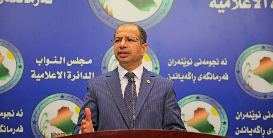 Speaker of the Iraqi Parliament Salim Al Jabouri speaks during a press conference at parliament building in Baghdad, Iraq, on Saturday (Anadolu Agency photo)