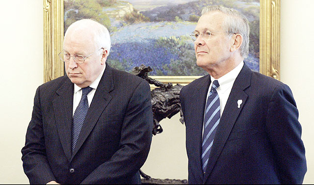 In this file photo taken on July 12, 2005 US vice president Dick Cheney (left) and US defence Secretary Donald Rumsfeld look on as US President George W. Bush meets with Singapore's prime minister Lee Hsien Loong in the Oval Office at the White House in Washington, DC (AFP photo)