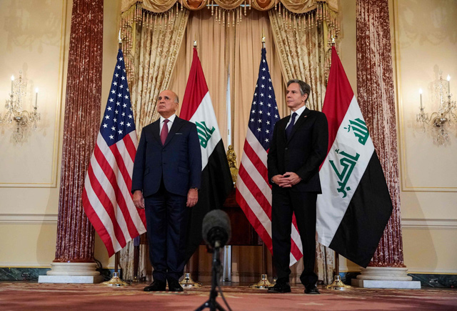 US Secretary of State Antony Blinken and Iraqi Foreign Minister Fuad Hussein speak to the press at the State Department on Friday, in Washington, DC (AFP photo)