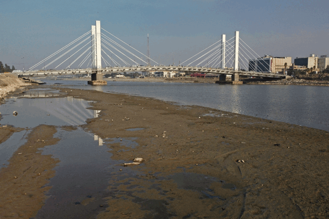 An aerial view shows the Hadarat Bridge across the Euphrates River that is witnessing a sharp decrease in water levels, in Nassiriya, on Sunday (AFP photo)
