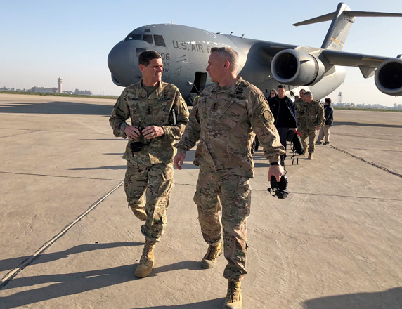 US army Gen.  Joseph Votel (left), head of the US military’s Central Command, walks with US army Lt. Gen. Paul La Camera commander of the US-led coalition against Daesh, after landing in Baghdad, Iraq, on Sunday (Reuters photo)
