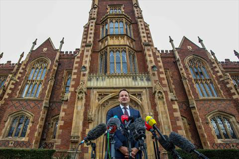 Ireland’s Prime Minister Leo Varadkar speaks to journalists as he leaves on the final day of a conference to mark the 25th anniversary of the Good Friday Agreement, at Queen’s University in Belfast on April 19, 2023 (AFP photo)