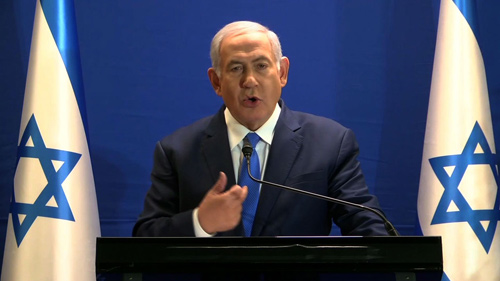 This frame grab taken off a video released by Likud shows Israeli Prime Minister Benjamin Netanyahu delivering a statement live at the prime minister’s office in Jerusalem on Monday (AFP photo)