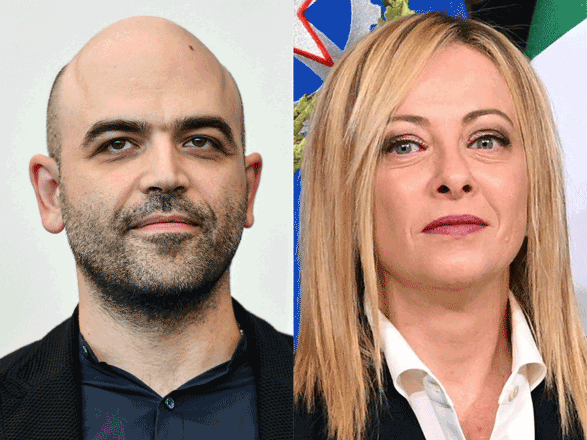 This combination of photos shows on September 5, 2019 Italian writer Roberto Saviano during a photocall for the film ‘ZeroZeroZero’ presented out of competition during the 76th Venice Film Festival at Venice Lido, and a file photo taken on October 23 of Italy's new prime minister, Giorgia Meloni during a handover ceremony at Palazzo Chigi in Rome (AFP photo)