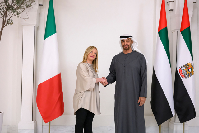 This handout image provided by the UAE presidential court on Saturday, shows Emirati President Mohamed Bin Zayed Al Nahyan (right) meeting with Italian Prime Minister Giorgia Meloni at Al Shati Palace in Abu Dhabi (AFP photo)