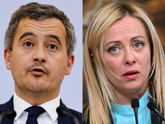 This combination of photo created on Thursday shows a file photo taken on March 27 showing French Interior Minister and Overseas Gerald Darmanin (left) speaking during a press conference in Paris on March 27  and a file photo taken on April 5 of Italy's Prime Minister Giorgia Meloni in Rome (AFP photo)