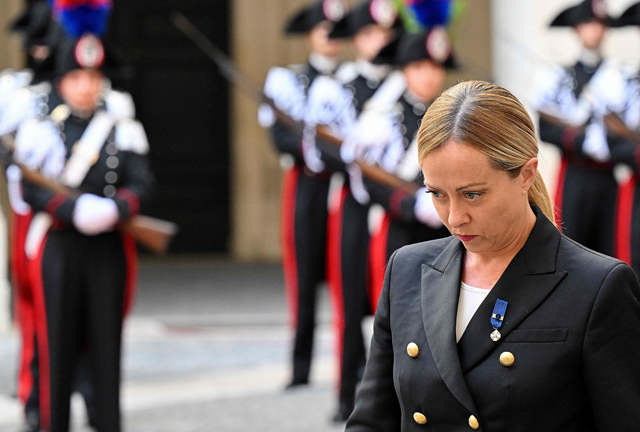 Italy’s Prime Minister Giorgia Meloni waits for Finland’s President prior to their meeting at Chigi Palace in Rome on Monday (AFP photo)