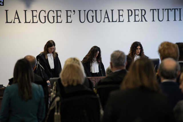 Magistrates stand during the reading of the verdict at the maxi mafia-trial in Lamezia Terme on Monday where some 200 people were convicted in the so-called Rinascita Scott trial against alleged members of the ‘Ndrangheta mafia in the Calabrian province of Vibo Valentia and the mob’s white-collar facilitators  (AFP photo)