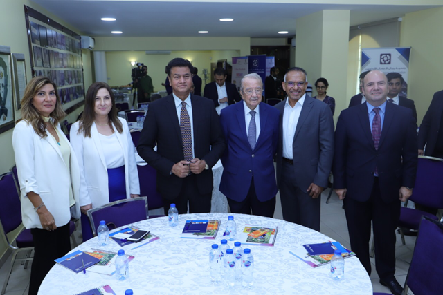 India’s Ambassador to Jordan Anwar Haleem, Jordanian Businessman Association President Hamdi Tabbaa and guests pose for a photo during a seminar in Amman on Monday (Photo courtesy of Indian embassy)