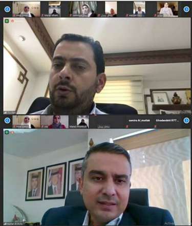 Minister of Industry, Trade and Supply Tareq Hammouri (top) and JEDCO CEO Bashar Al Zu’bi are seen during a virtual signing ceremony on Wednesday (Petra photo)