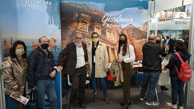 Exhibition visitors pose for a photo by Jordan’s booth at the Travel Experience (TTG) 2020 in Rimini, Italy, on Wednesday (Petra photo)
