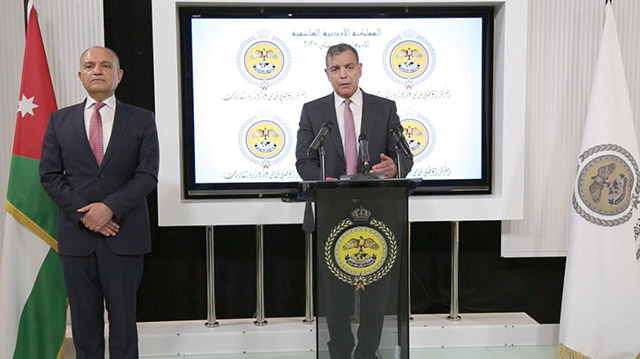 Minister of Health Saad Jaber speaks during a joint press briefing with Minister of State for Media Affairs Amjad Adaileh at the National Centre for Security and Crisis Management on Wednesday (Petra photo)