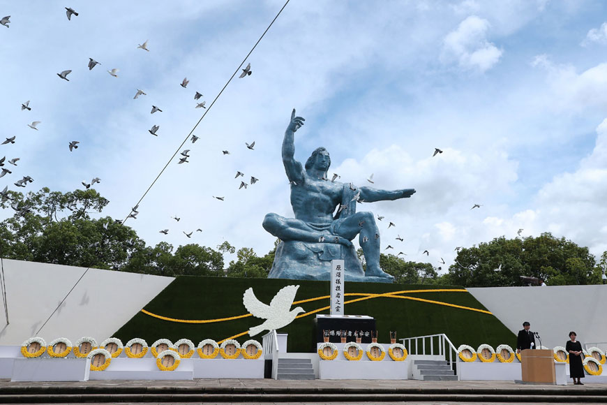 Doves are released into the air during a memorial ceremony at the Peace Park in Nagasaki on Tuesday, on the 77th anniversary of the atomic bombing during WWII  (AFP photo)
